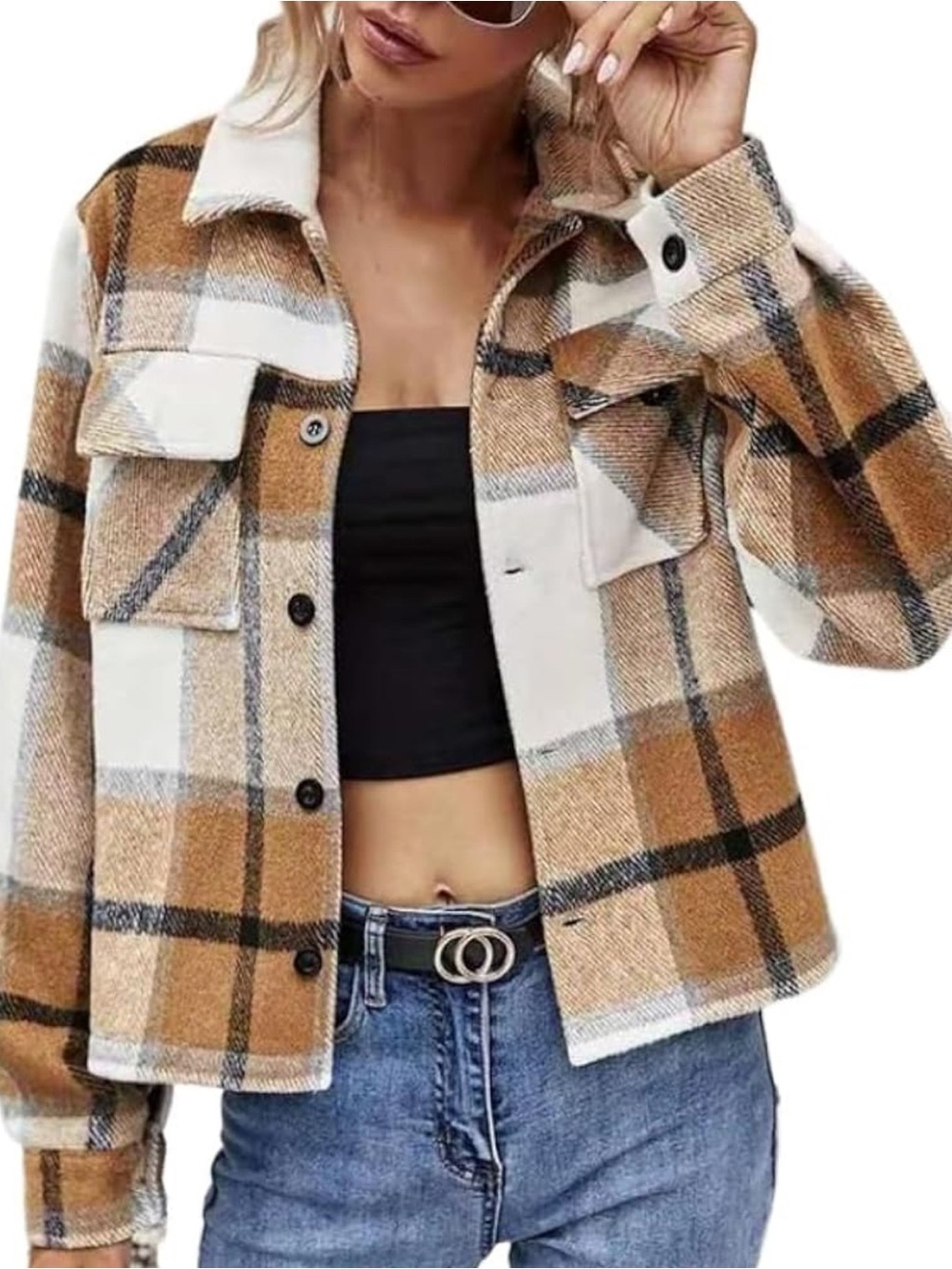 Womens Plaid Shacket Jacket in Camel and White